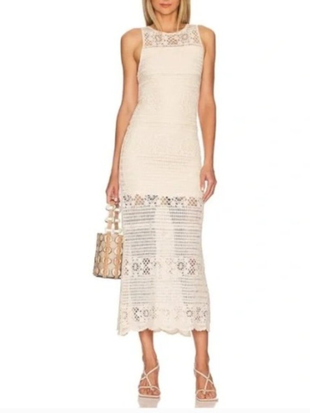 BB Dakota Crochet You Love Me Beige Crocheted Sleeveless Maxi Dress size M